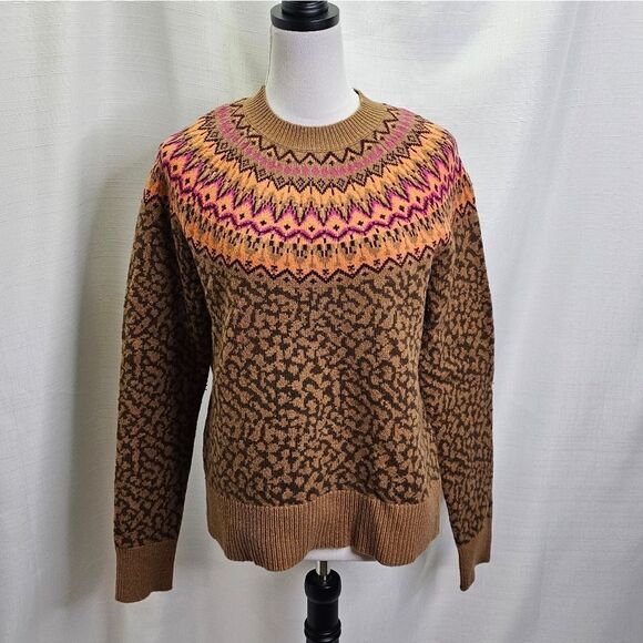 Brooks Brothers Brown Fair Isle Animal Print Merino Wool Sweater Size Large - Picture 1 of 6